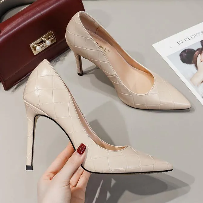 Women grid elegant pointed toe solid stiletto high heels