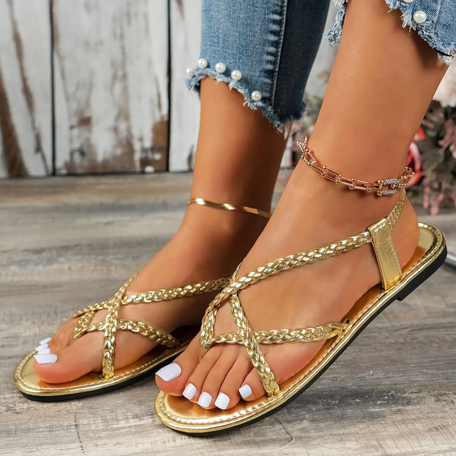 Womens Flat Sandals Braided Strappy Gladiator Thong Sandals Casual Elastic Strap Flip Flops Slingback Beach Sandals