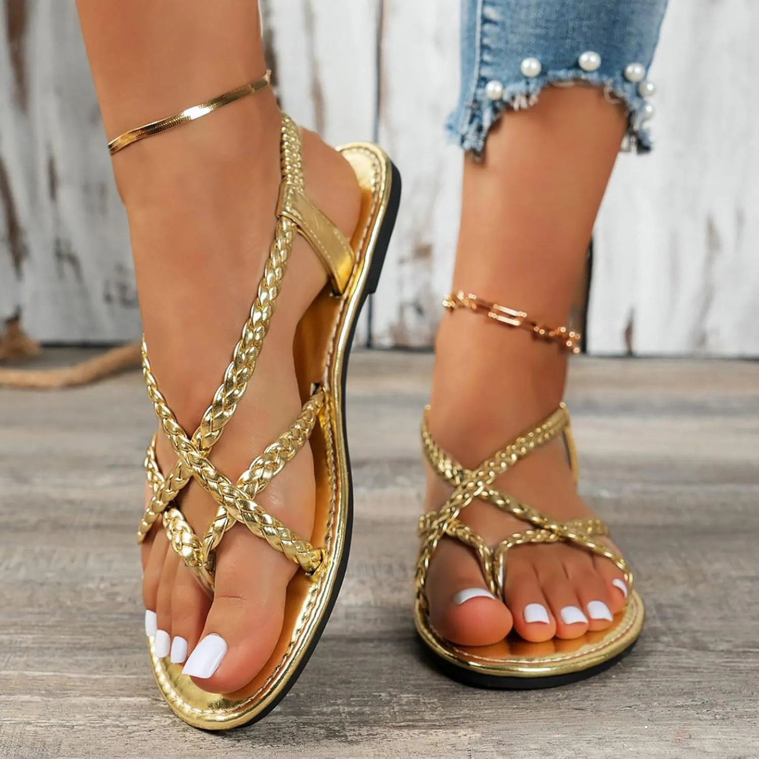 Womens Flat Sandals Braided Strappy Gladiator Thong Sandals Casual Elastic Strap Flip Flops Slingback Beach Sandals