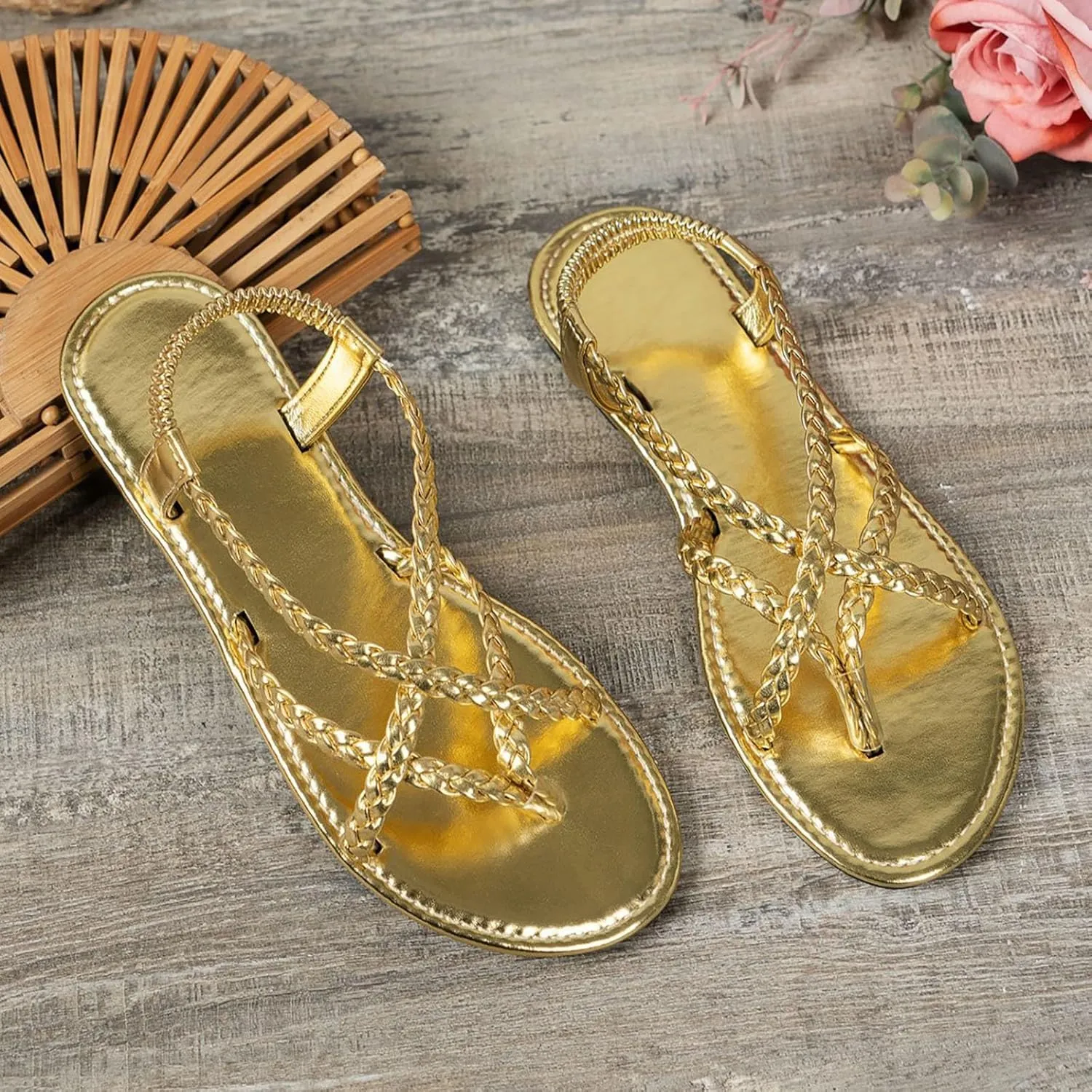Womens Flat Sandals Braided Strappy Gladiator Thong Sandals Casual Elastic Strap Flip Flops Slingback Beach Sandals