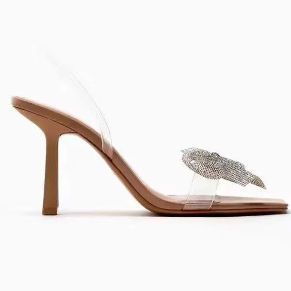 Women's High Heels with Transparent Straps, Bow, and Rhinestones 09827593C