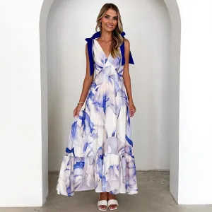 Womens Maxi Dress  Lightweight Cotton  Tie Shoulder  V-Neck  Printed Tiered Hem