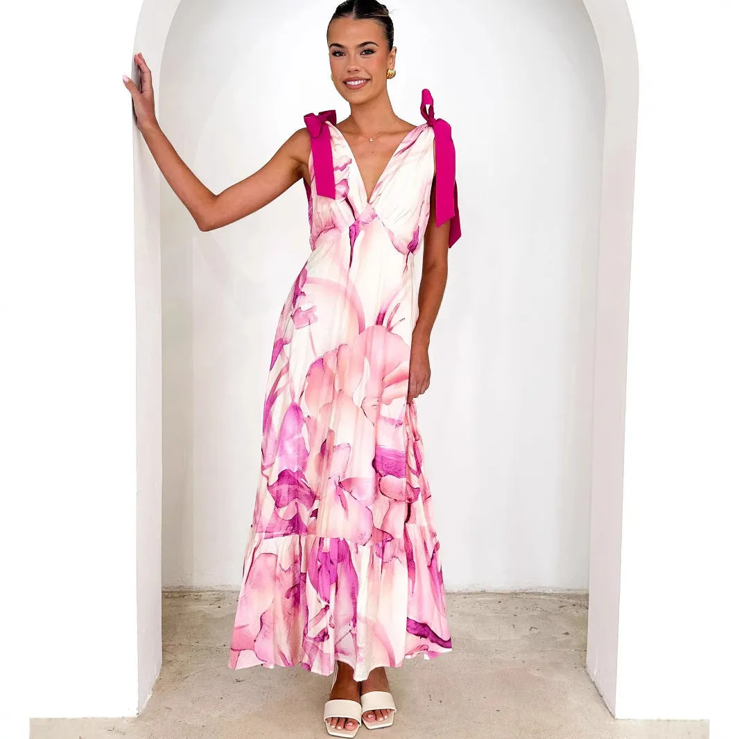 Womens Maxi Dress  Lightweight Cotton  Tie Shoulder  V-Neck  Printed Tiered Hem