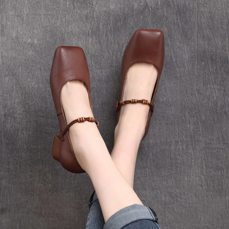 Womens Square Toe Cowhide Leather Chunky Heeled Pumps