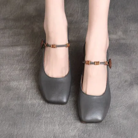 Womens Square Toe Cowhide Leather Chunky Heeled Pumps