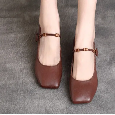 Womens Square Toe Cowhide Leather Chunky Heeled Pumps