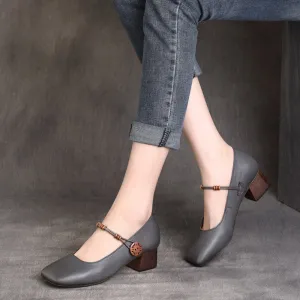 Womens Square Toe Cowhide Leather Chunky Heeled Pumps