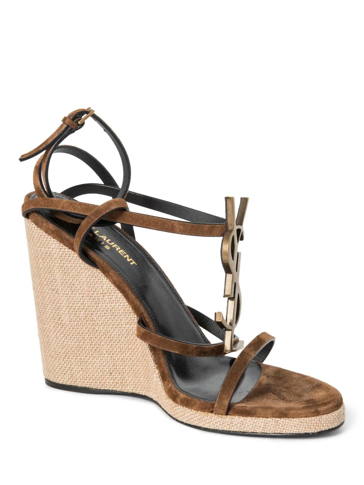 Yves Saint Laurent Logo Suede Cassandra Wedge Sandals Brown