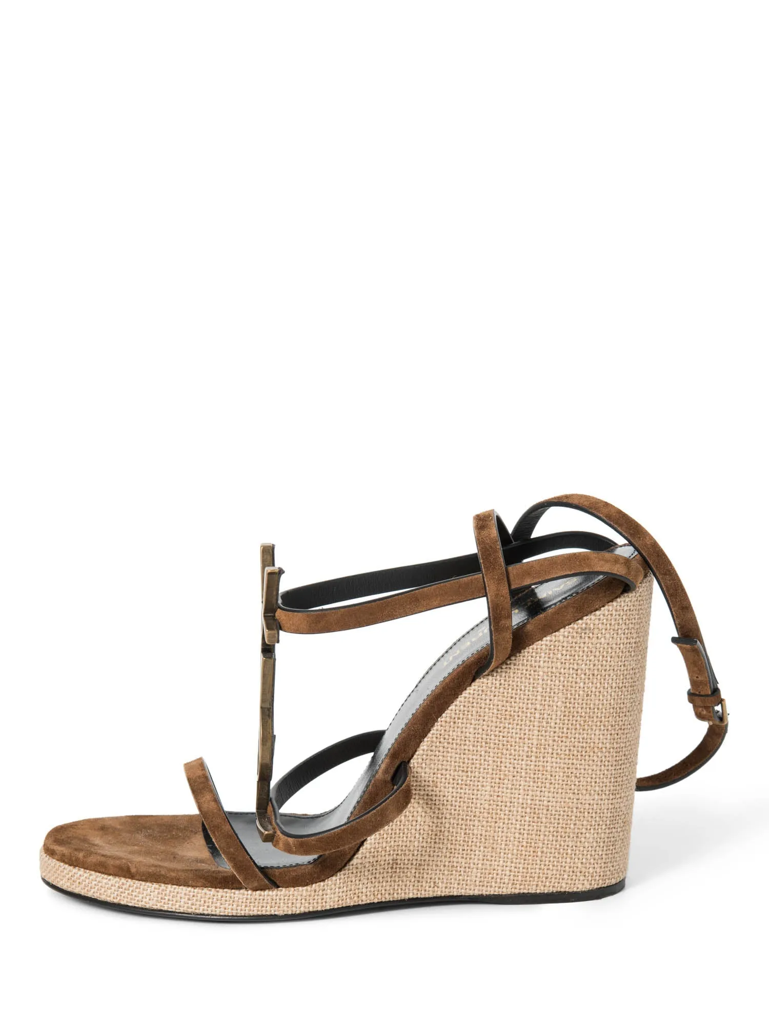 Yves Saint Laurent Logo Suede Cassandra Wedge Sandals Brown