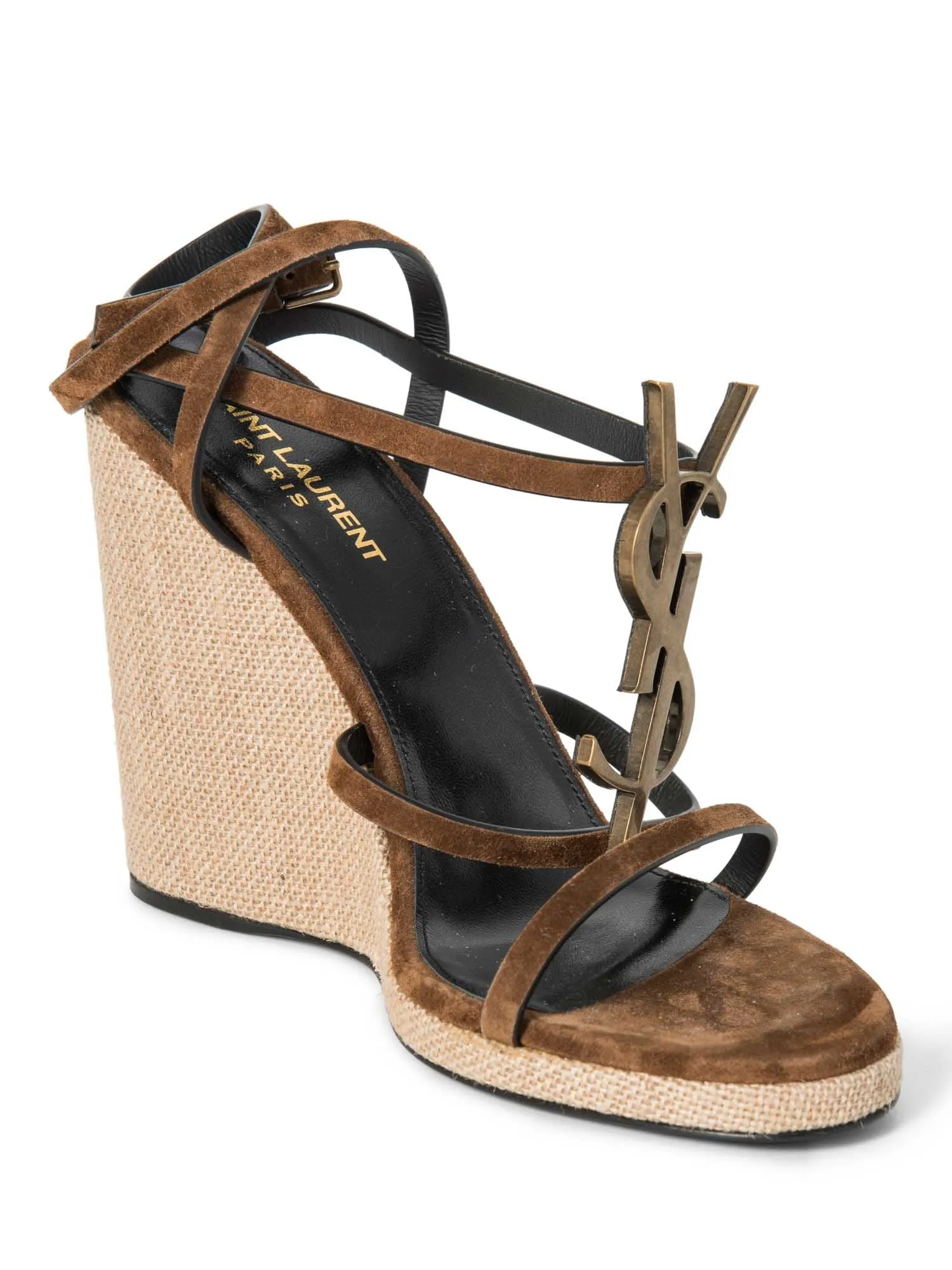 Yves Saint Laurent Logo Suede Cassandra Wedge Sandals Brown