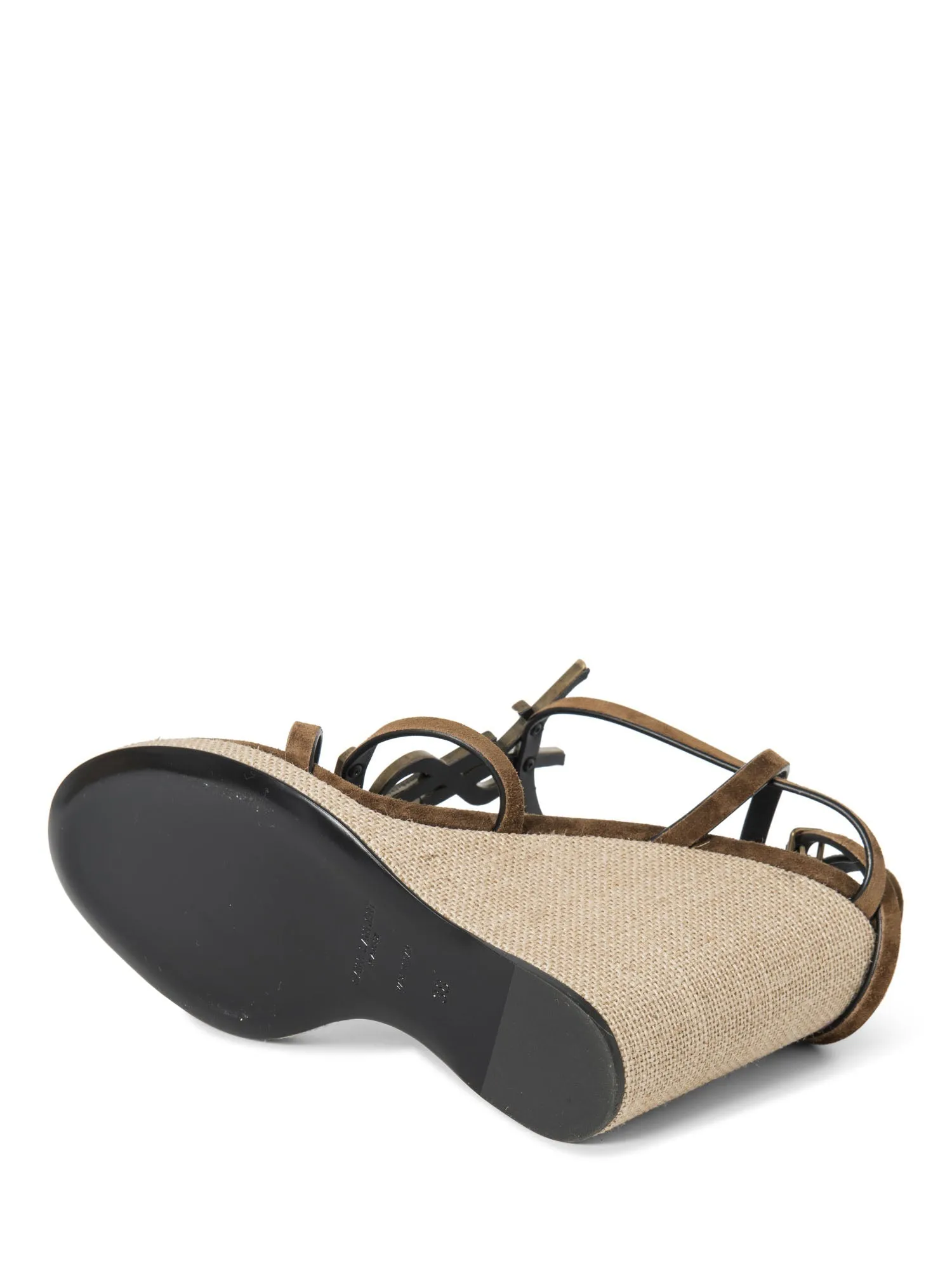 Yves Saint Laurent Logo Suede Cassandra Wedge Sandals Brown