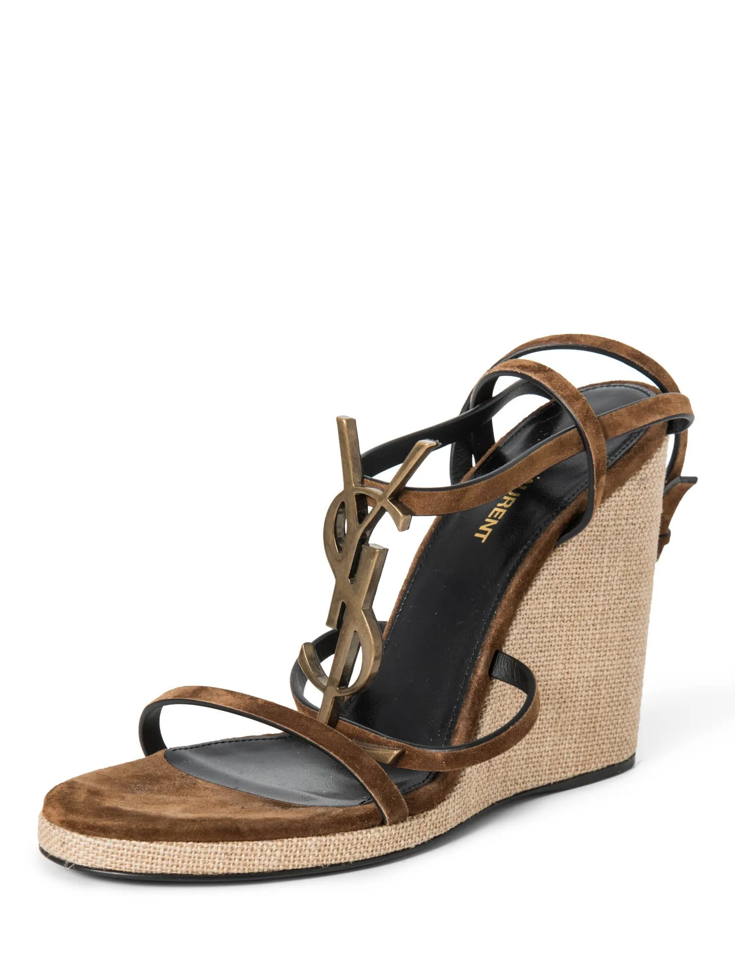 Yves Saint Laurent Logo Suede Cassandra Wedge Sandals Brown